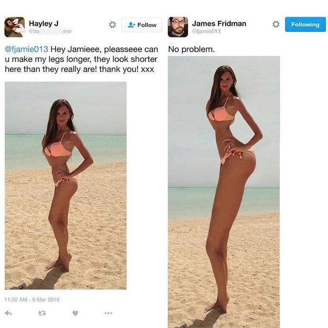 funny photoshop - Hayley J Cha James Fridman afjamie013 ing Tine No problem. Hey Jamieee, pleasseee can u make my legs longer, they look shorter here than they really are! thank you! Xxx