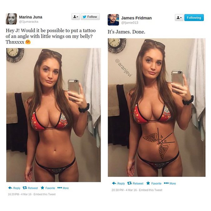 james photoshop angle - les Marina Juna 1 y T James Fridman hami013 4. ing It's James. Done. Hey J! Would it be possible to put a tattoo of an angle with little wings on my belly? Thnxxxx t7 Retweet Favorite More 1620 Pm Mar 16 Embed this Tweet t Retweet 