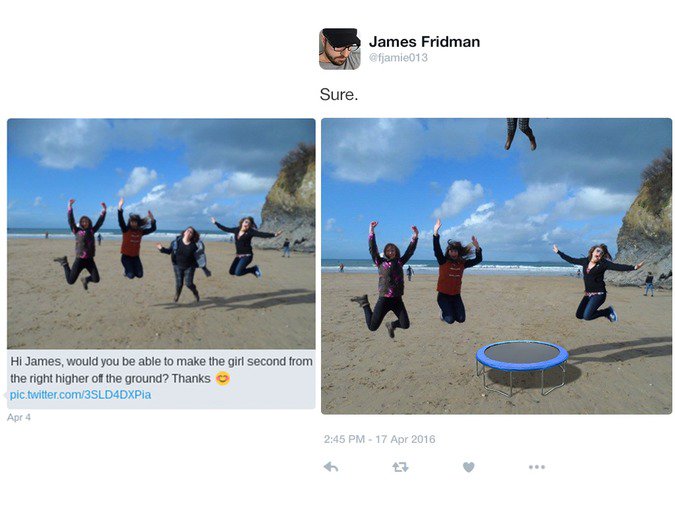 funny photoshop - James Fridman Sure. Hi James, would you be able to make the girl second from the right higher off the ground? Thanks pic.twitter.com3SLD4DXPia Apr 4