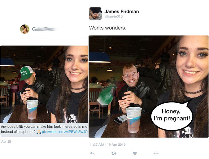 james fridman funny photoshop - James Fridman Works wonders. Honey, I'm pregnant! Any possibility you can make him look interested in me instead of his phone? pic.twitter.comV4PBWSFw4P Apr 15