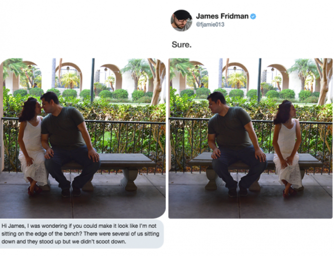 james fridman - James Fridman Sure. Hi James, I was wondering if you could make it look I'm not sitting on the edge of the bench? There were several of us sitting down and they stood up but we didn't scoot down.