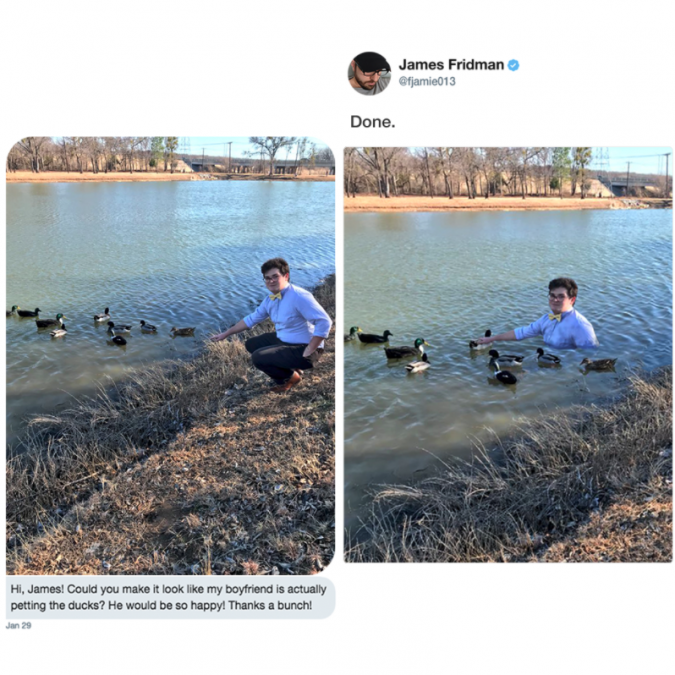 james fridman ducks - James Fridman 013 Done. Hi, James! Could you make it look my boyfriend is actually petting the ducks? He would be so happy. Thanks a bunch