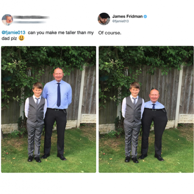photoshop james meme - James Fridman 0013 Ofjamie013 can you make me taller than my Of course. dad plz