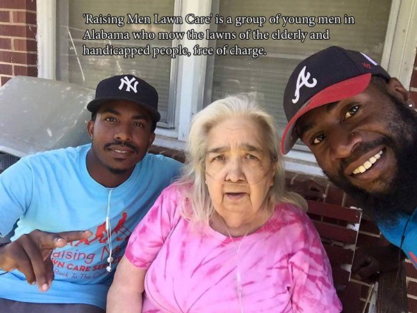 black man with old lady - "Raising Men Lawn Care' is a group of young men in Alabama who mow the lawns of the elderly and handicapped people, free of charge. dising Yn Care Se