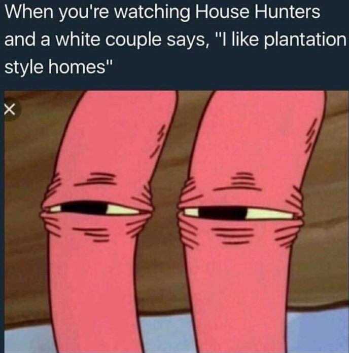 meme about white people say they like plantation style homes - When you're watching House Hunters and a white couple says, "I plantation style homes" x