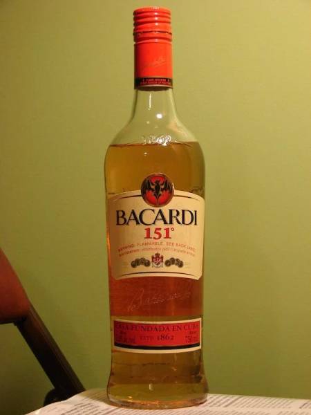 Bacardi 151

151 Proof, 75.5% alcohol.

Made in Puerto Rico.