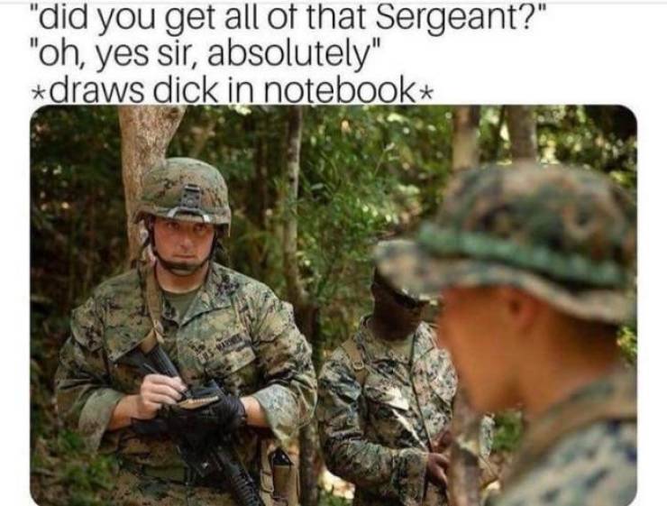 Humour - "did you get all of that Sergeant?" "oh, yes sir, absolutely" draws dick in notebook