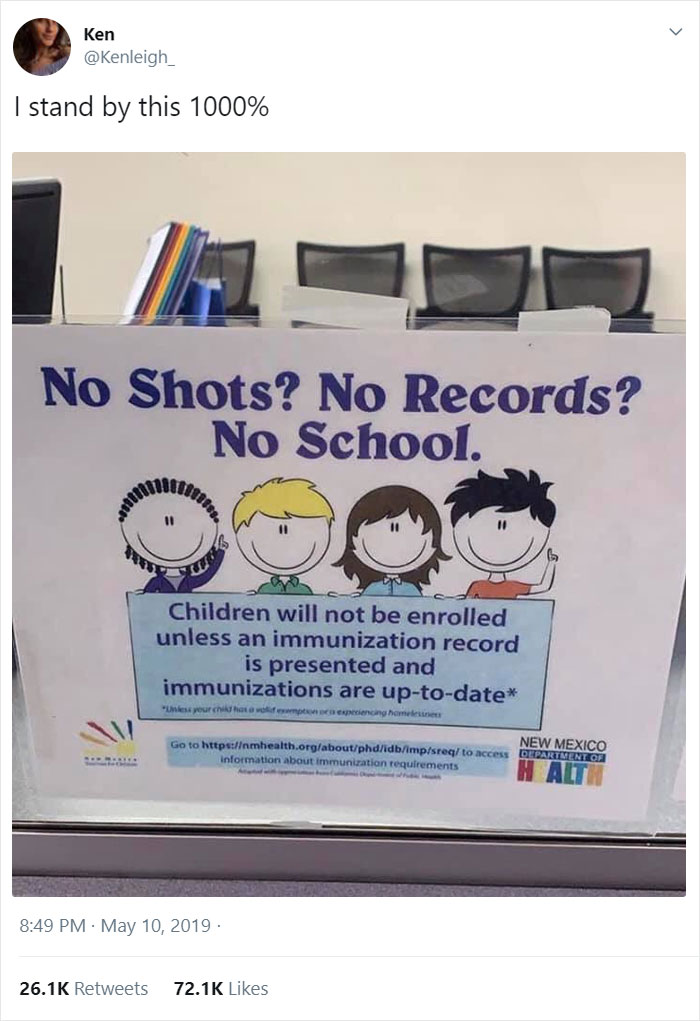 Ken I stand by this 1000% No Shots? No Records? No School. 1100 2 Children will not be enrolled unless an immunization record is presented and immunizations are uptodate Unless your chokher wom en experiencing Moments New Mexico Go to