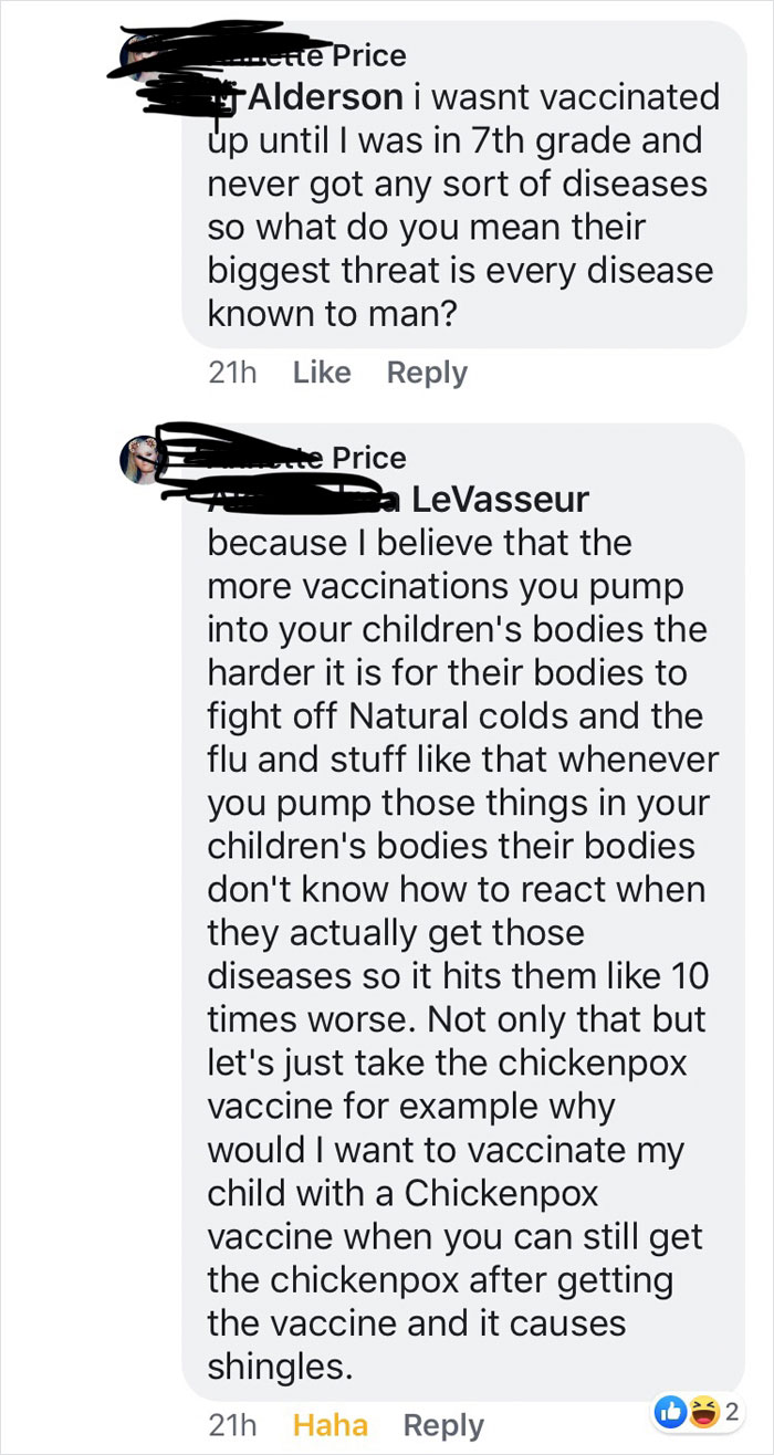 Price Alderson i wasnt vaccinated up until I was in 7th grade and never got any sort of diseases so what do you mean their biggest threat is every disease known to man? 21h mute Price a LeVasseur because I believe that the more vaccinations y