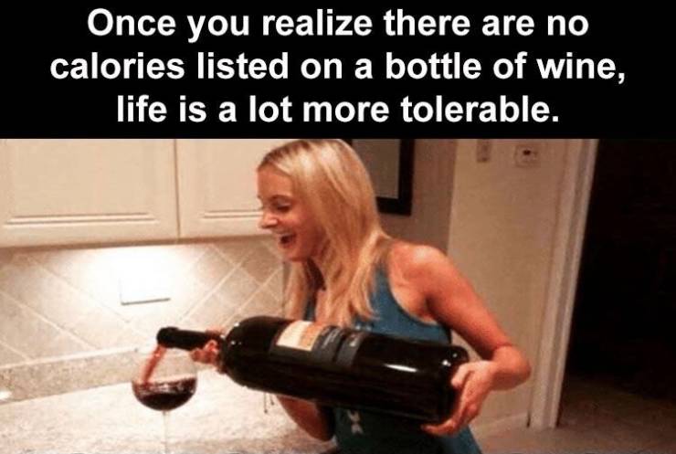 photo caption - Once you realize there are no calories listed on a bottle of wine, life is a lot more tolerable.