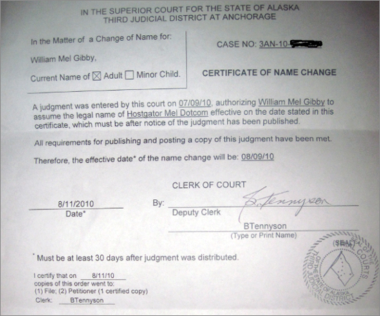 Alaskan Man changes legal name to: Hostgator Dotcom.