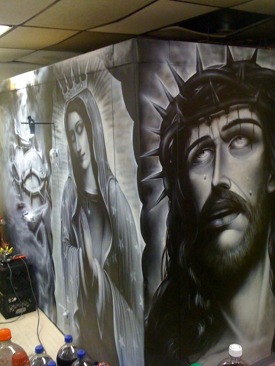   religious mural i airbrushed on a meat freezer, done in chicago IL last year.this was one of the more random locations i painted at.