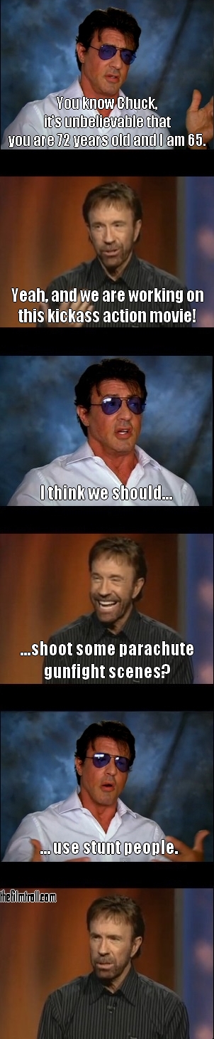 A funny convestation between Chuck Norris and Sylvester Stallone about The Expendables.