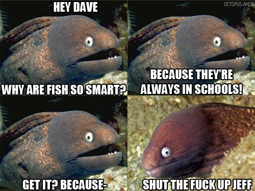 fish school joke - Hey Dave OctopusAhon Because They'Re Always In Schools! Why Are Fish So Smart Get It? Because Shut The Fuckup Jeff
