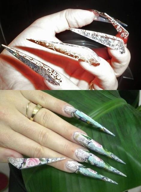 Stiletto nails made by Virginie Dolle. The nails are made with gel UV and they have 4 different faces. These nails where called Obele due the similarity with an obelisk shape.