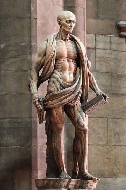 Statue of St Bartholomew, a Christian martyr, skinned and draped in his own pelt.
