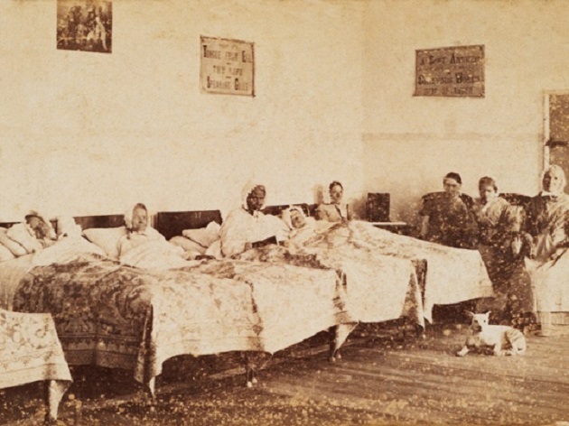 A ward for non-violent women at the West Riding Asylum in Wakefield, England. Most of these patients had terminal dementia. The bonnets these women are wearing was common for female psychiatric patients at this time., 1860