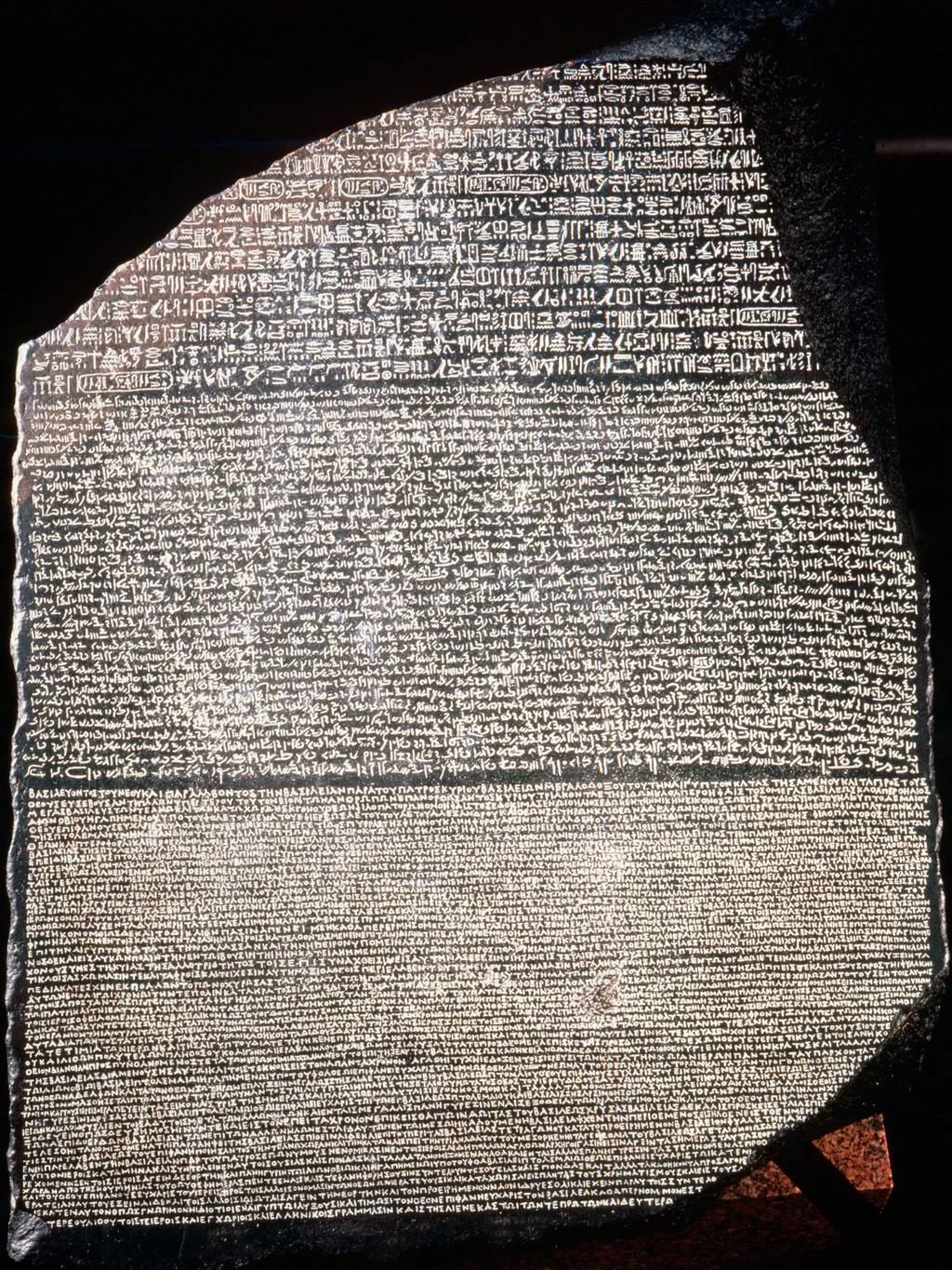 Rosetta Stone, discovered in 1799The Rosetta Stone is a basalt slab inscribed with a decree of pharaoh Ptolemy Epiphanes 205-180 BC in three languages, Greek, Hieroglyphic and Demotic script. Discovered near Rosetta in Egypt
