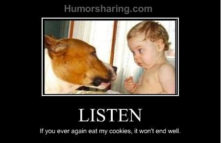 Litlle baby accuses a dog of eating all his cookies :D
