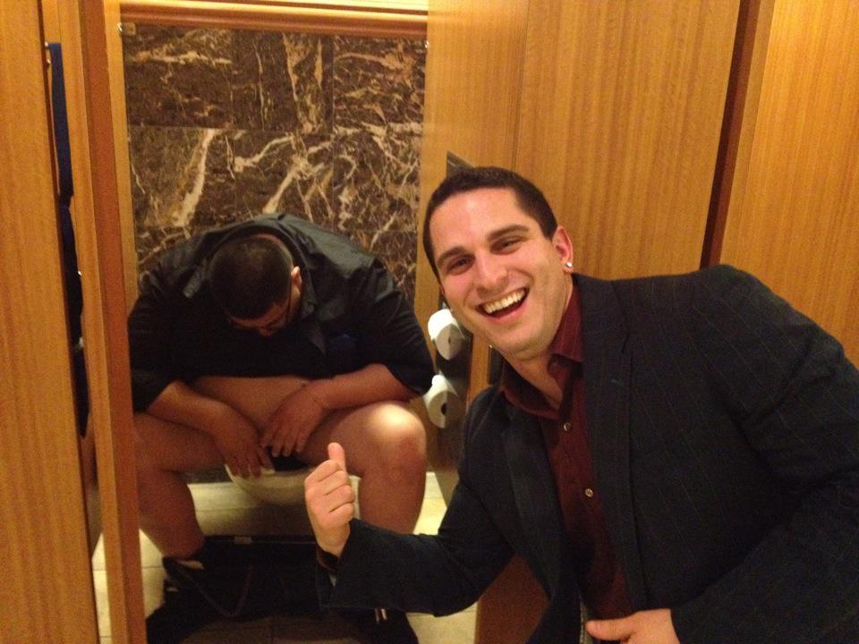 Walking into the casino restroom at 3AM with a few randoms there
We heard snoring coming from a stall with the door half open
We investigate and find this drunk dude passed out on the shitter 
As a result this epic photograph piece of Vegas history was born

Some people just can't handle Vegas