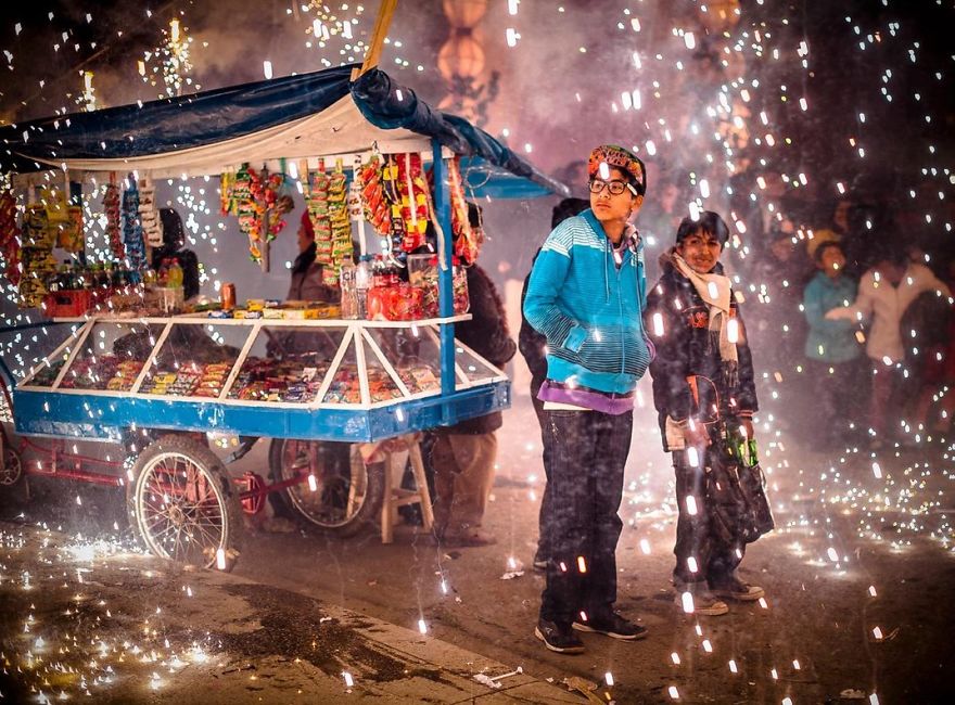 Fireworks Shower Onlookers In Sparks During Holy Week Celebrations. Acobamba, Tarma, Peru