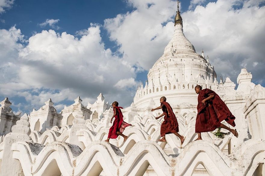 Young Buddhist Novices Play In Hsinbyume Pagoda. Mingun, Mandalay, Myanmar