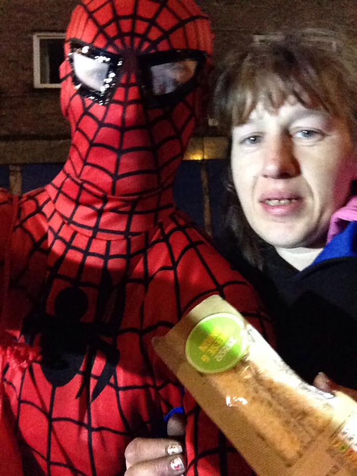But when they see Spider-Man handing out the food they come over and ask what I’m doing and are really interested."