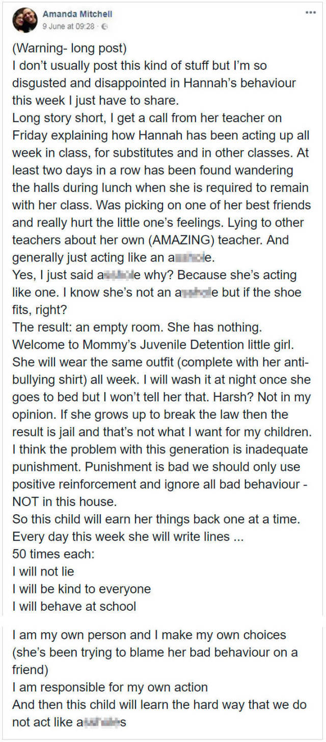 On June 9, Amanda shared a post on Facebook detailing her daughter’s behavior and the way she dealt with it