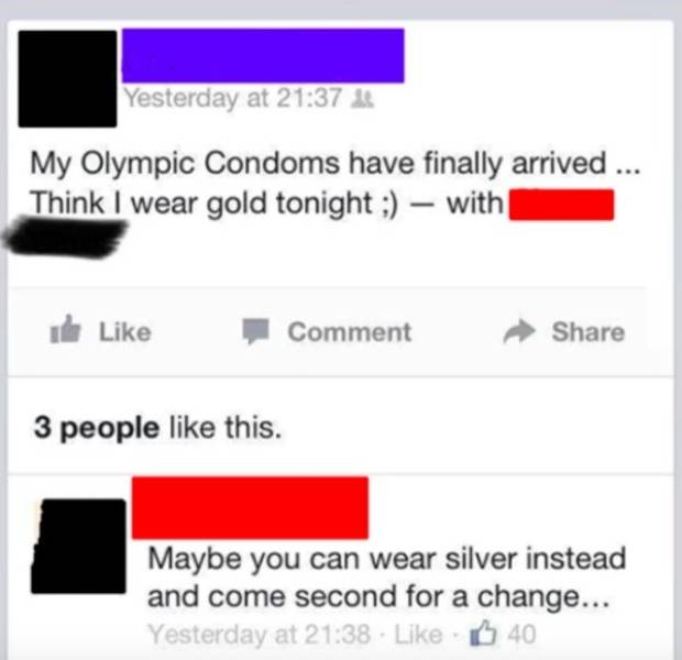 web page - Yesterday at My Olympic Condoms have finally arrived ... Think I wear gold tonight ; with I Comment 3 people this. Maybe you can wear silver instead and come second for a change... Yesterday at 40
