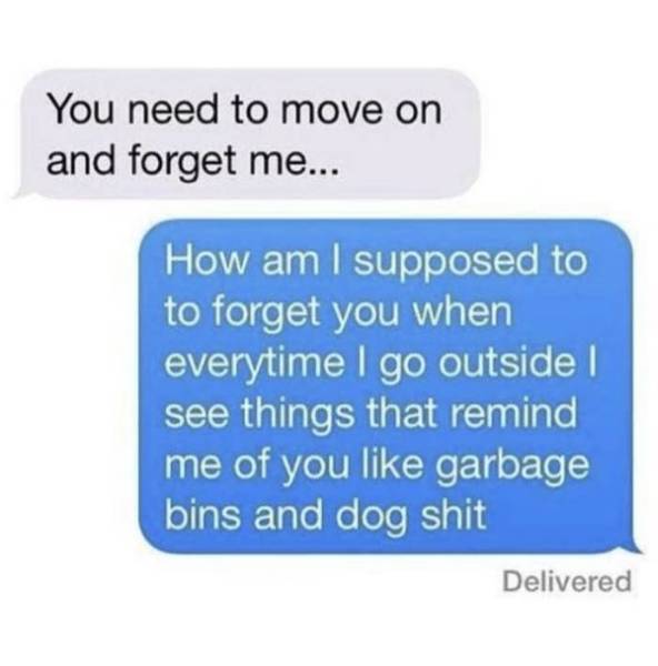 Boyfriend - You need to move on and forget me... How am I supposed to to forget you when everytime I go outside 1 see things that remind me of you garbage bins and dog shit Delivered