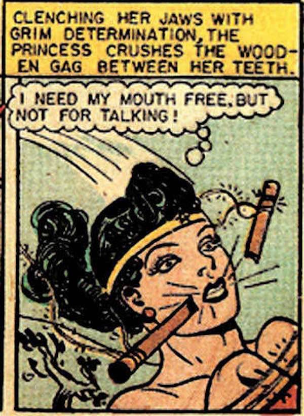 wonder woman bit gagged - Clenching Her Jaws With Grim Determination, The Princess Crushes The Wood En Gag Between Her Teeth. Tam I Need My Mouth Free, But Not For Talking! Taraforma
