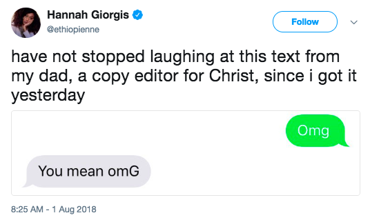 web page - Hannah Giorgis have not stopped laughing at this text from my dad, a copy editor for Christ, since i got it yesterday Omg You mean om