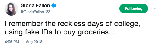funny pokemon tweets - Gloria Fallon ing I remember the reckless days of college, using fake IDs to buy groceries...