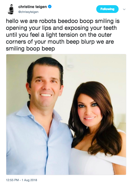 trump jr airbrush - christine teigen ing hello we are robots beedoo boop smiling is opening your lips and exposing your teeth until you feel a light tension on the outer corners of your mouth beep blurp we are smiling boop beep
