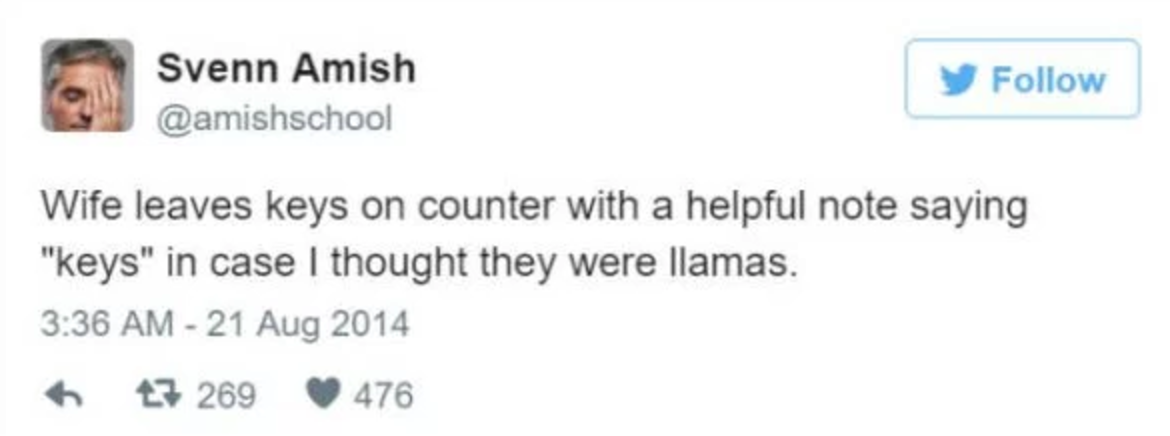 quotes twitter status - Svenn Amish y Wife leaves keys on counter with a helpful note saying "keys" in case I thought they were llamas. 47 269 476