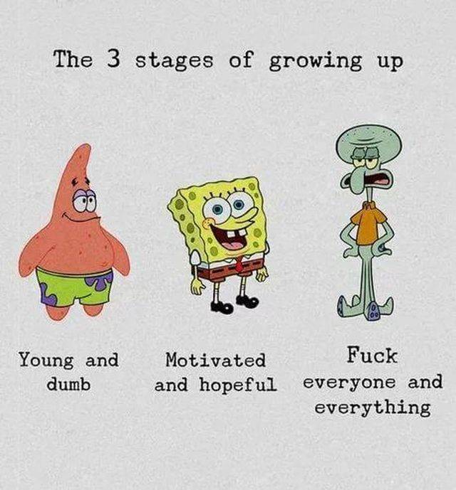 3 stages of life - The 3 stages of growing up Young and dumb Motivated Fuck and hopeful everyone and everything
