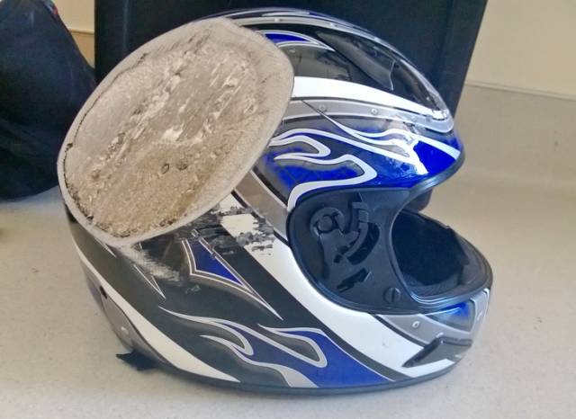 “A friend of a friend got into a motorcycle accident at 70 mph and hit a bus. This is his helmet.”