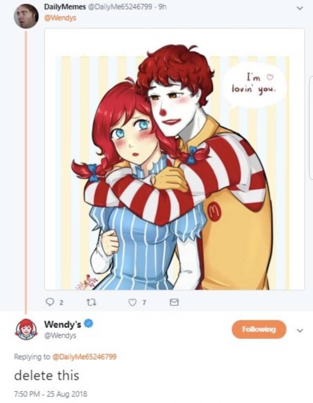 wendy's mcdonalds - Daily Memes Me65246799.9h I'm lovin' you Wendy's ing delete this