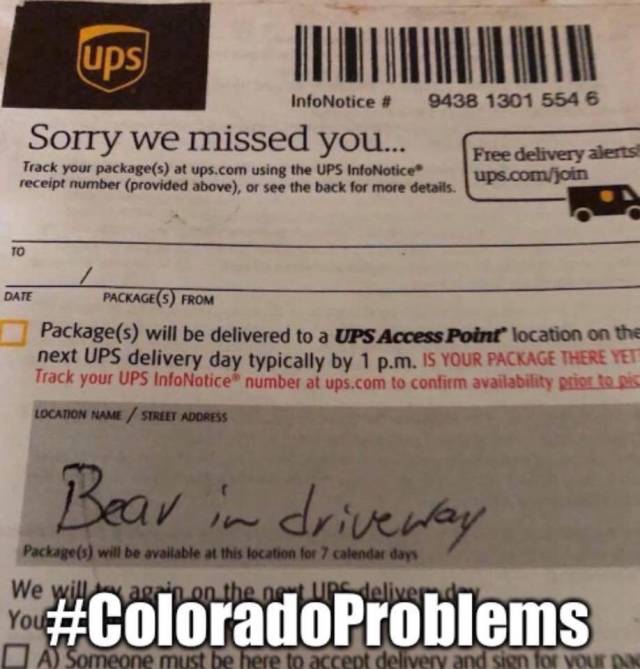 ups bear in driveway - ups 9438 1301 554 6 InfoNotice # Sorry we missed you... Track your packages at ups.com using the Ups InfoNotice receipt number provided above, or see the back for more details. Free delivery alerts ups.comjoin Date PackageS From Pac