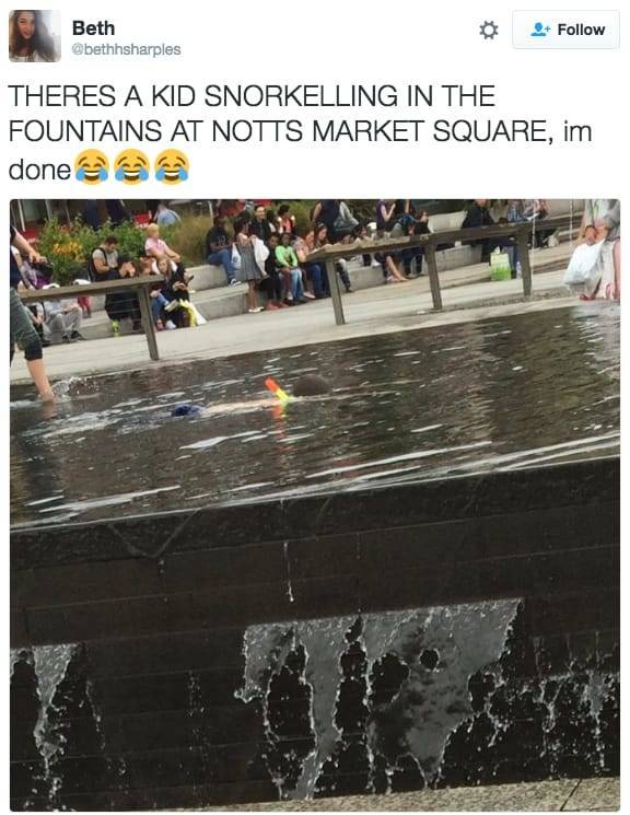 kid snorkeling in nottingham fountain - Beth Theres A Kid Snorkelling In The Fountains At Notts Market Square, im donea
