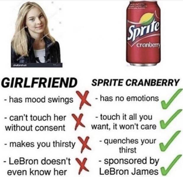 sprite cranberry girl meme - Sprite cranberry Girlfriend Sprite Cranberry has mood swings has no emotions can't touch her touch it all you without consent want, it won't care makes you thirsty X quenches your thirst LeBron doesn't V sponsored by even know