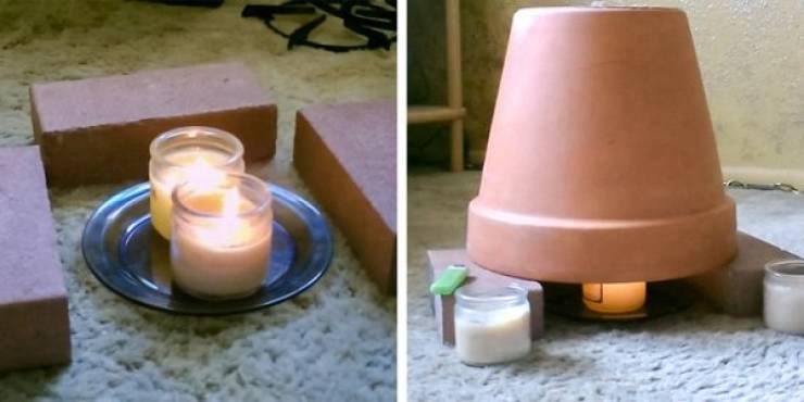 Small heater  if your power goes out in the winter. Light two candles, set them on a glass plate, put three bricks around them, and set a terra-cotta pot on top of the candles