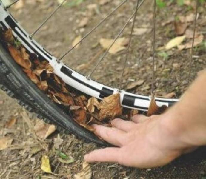 flat bike tire?pack the inside of the tire evenly with leaves or grass. This will allow you to ride it to a safe place.