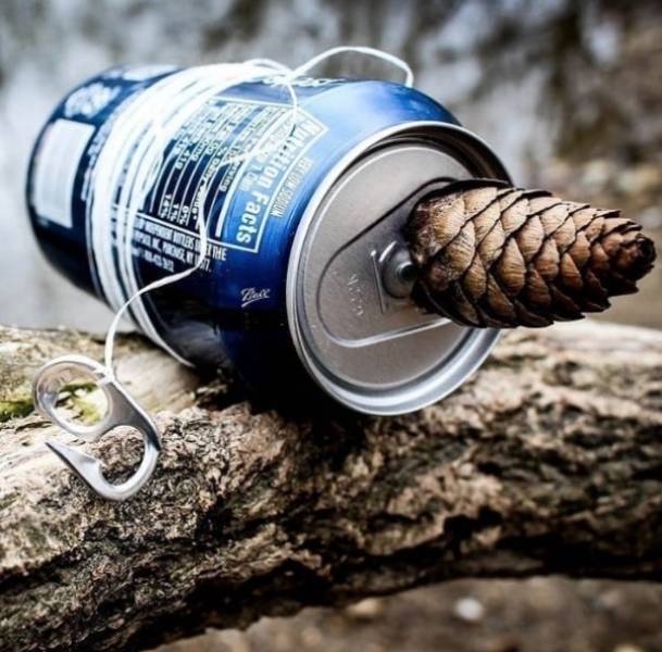 soda can into a makeshift fishing rod by taking off the tab and fashioning it into a hook. Take a piece of dental floss or string and tie it around the outside and put something in the mouth of the can to keep it from sinking.