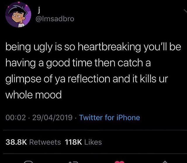screenshot - being ugly is so heartbreaking you'll be having a good time then catch a glimpse of ya reflection and it kills ur whole mood 29042019. Twitter for iPhone