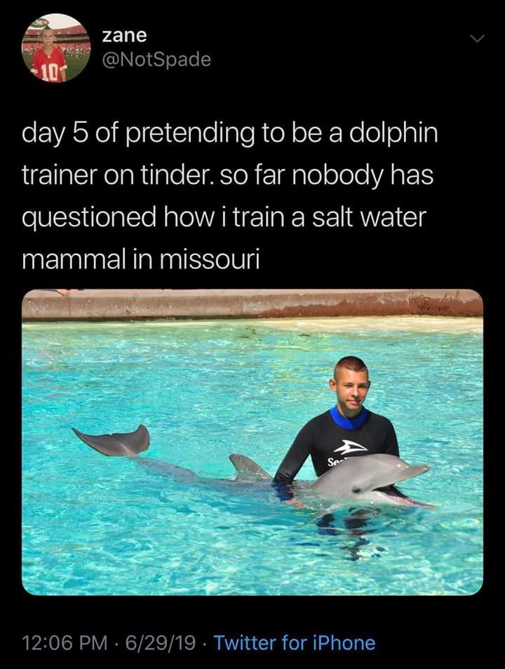 water - zane 10 day 5 of pretending to be a dolphin trainer on tinder. so far nobody has questioned how i train a salt water 'mammal in missouri . 62919. Twitter for iPhone