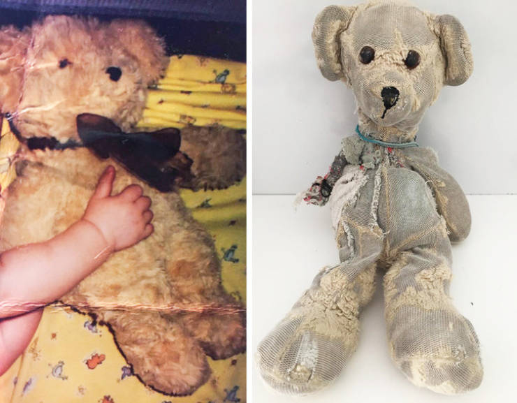 A very well-loved bear, 18 years ago vs now