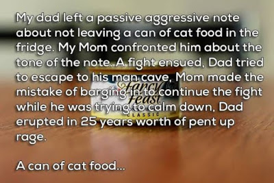break ups - close up - My dad left a passive aggressive note about not leaving a can of cat food in the fridge. My Mom confronted him about the tone of the note. A fight ensued, Dad tried to escape to his man cave, Mom made the mistake of barging in to co