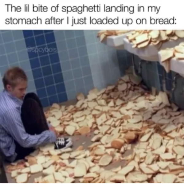 adventures of food boy - The lil bite of spaghetti landing in my stomach after I just loaded up on bread spcybois