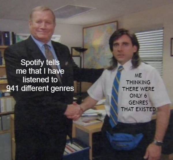 hand shaking meme template - Spotify tells me that I have listened to 941 different genres Me Thinking There Were Only 6 Genres That Existed